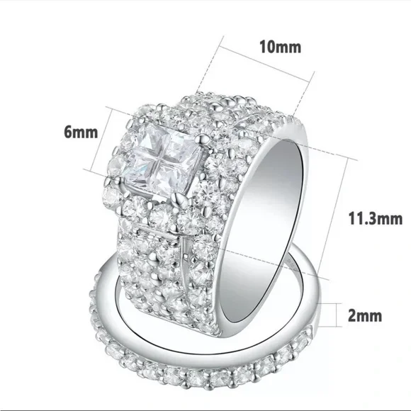 New 925 Silver 2 Pc Set Wedding Engagement Diamond Ring - Picture 5 of 6